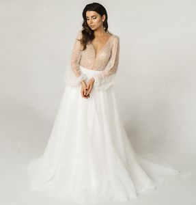 Robe De Mariée Sexy Boho 2023 Col En V Profond Manches Bouffantes Perles Dos À Lacets Filet Une Ligne Boho Robes De Mariée Robes De Noiva