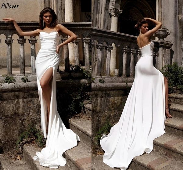 Boho Sirena simple Vestidos de novia Cristales brillantes Cuello transparente Plisado Elegang Vestidos de novia Muslo sexy Corte dividido Tren Novia Recepción Vestido Batas CL3411