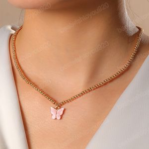 Collier Boho avec pendentif papillon rose Simple et mignon pour femmes, collier de clavicule perlé en métal doré, bijoux à la mode pour filles, cadeaux