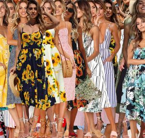 Boho mouwloze midi -jurken 33 stijlen vrouwen print zomer v nekzakken geplooid backless button jurken 10 stks ljjo62955625363