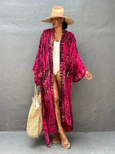 Boho Stripe Tie Dye Swimsuit Cover Up with Belt Tunic Sarong Cardigan Dress Women Bikini Cover-Ups Beach Wear Kimono Pareo240416