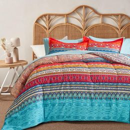 Boho gestreept bed in een zak 7-delig queensize, kleurrijk Boheems tribal blauwgroen blauw rood omkeerbaar dekbed bedset