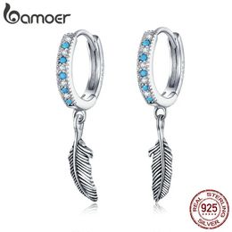 Boho Style 925 Joyería de plata esterlina Color turquesa Pendientes colgantes de plumas de piedra para mujeres Pendiente con encanto SCE898 240401