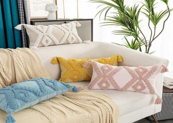 Funda de cojín estilo bohemio, funda de almohada con borlas rosa, amarillo, azul y Beige, hecha a mano para decoración del hogar, sofá cama, 45x45cm, 30x50cm 2103156713673