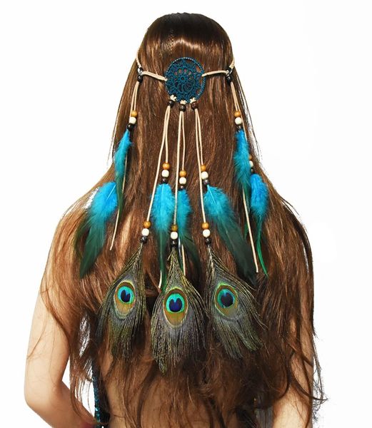 Bandeaux de plumes de paon bleus faits à la main de style Boho avec flanelle et perles Accessoires de ceinture de cheveux en forme d'attrape-rêves pour femmes Gift6329516