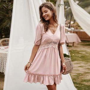 Boho stijl geplooide chiffon jurk mode v-hals korte mouw ruches kant vrouwen zomer dames jurken strand sundress ropa mujer 210524