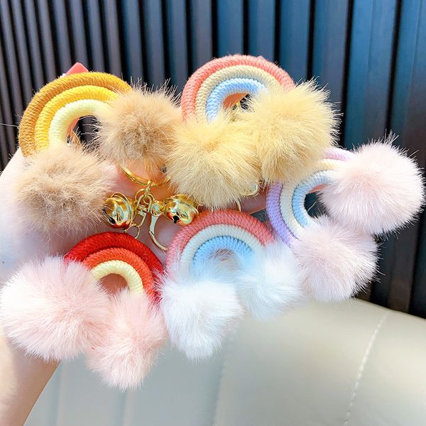 Porte-clés de voiture tissé de style Boho, petits nuages arc-en-ciel, boule de cheveux, accessoires mignons en peluche, sac à franges, ornements suspendus