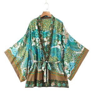 Boho Summer Blouses Beach Vintage Bird Bloem Print Sashes Kimono Women 2022 Nieuwe mode Cardigan Ladies Blouses Casual Blusas Mujer