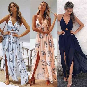 Boho zomer elegante bloemen halter v nek lange jurk vrouwen sexy verband avond feestjurken sundress strandjurk x0705