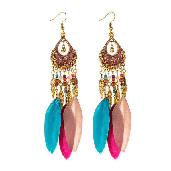 Pendientes bohemios de plumas largas blancas para mujer, aretes bohemios de aleación de hojas doradas, aretes colgantes con borlas, joyería India