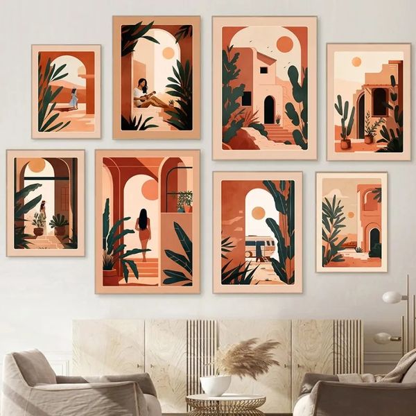 Boho Terre Cuite Illustration Toile Peinture Marocaine D'été Affiches Et Gravures Mur Art Photos pour Salon Filles Chambre Décor À La Maison Wo6