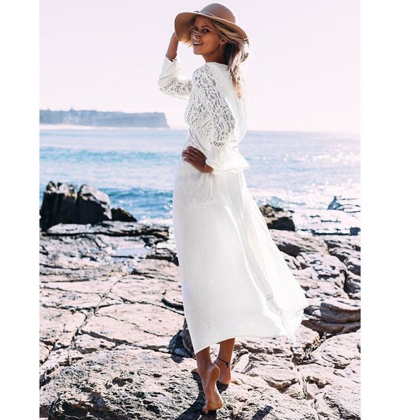 Boho tunique plage été blanc dentelle robe d'été vêtements de plage ceinturé à manches longues Sexy Maxi robe 210415