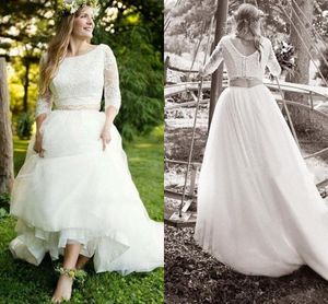 Boho Robes en deux pièces à manches longues en tulle scoop couvre boutons couverts arrière country mariage robe nuptiale vestidos de novia
