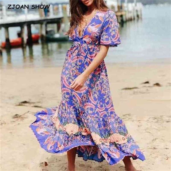 BOHO V cuello grúa vestido con estampado floral vacaciones mujeres borla manga acampanada con cordones cintura con tiras hasta el suelo vestidos largos azul 210429