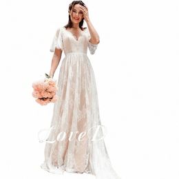 Boho col en V mariage Dr Chiff une ligne à manches courtes dos longueur de plancher plissée robe de mariée Vintage mariée Dres u0o8 #