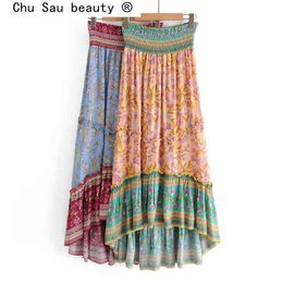 Boho Vintage Chic imprimé fleuri jupe longue femmes été vacances Style taille élastique lâche coton jupes femme Falda De Moda 210508