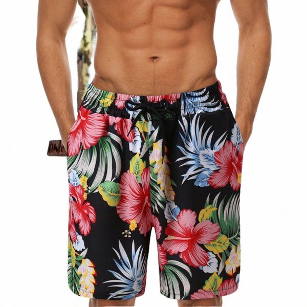 Boho Vintage Floral Print Board Shorts para hombres Vendaje Doble bolsillo Calzones Rodilla Troncos Verano Aloha Beach Vacati Traje de baño P5Zd #