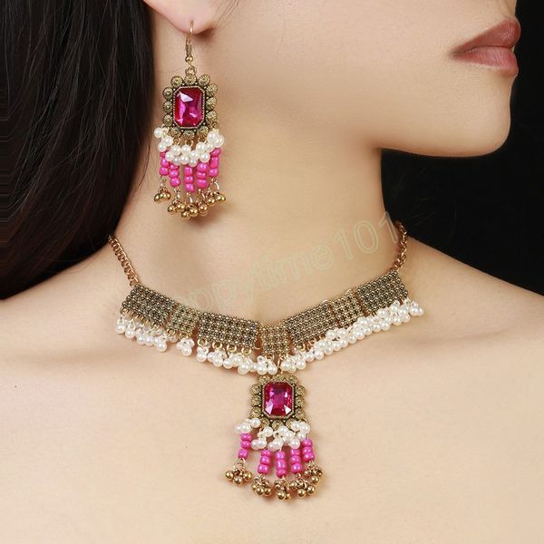 Pendientes bohemios Vintage de cristal cuadrado rosa para mujer, conjunto de joyería de Color dorado antiguo, collar de borlas llamativo, joyería india para mujer