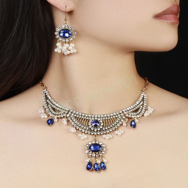 Boho Vintage Royal blue Crystal Pendientes Mujer Conjunto de joyas Color oro antiguo Declaración Perlas de imitación Collar de borlas Femme Joyería india