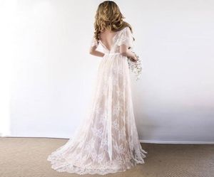 Robe de mariée Boho en dentelle, col en V, manches courtes, robe de plage, dos nu, sur mesure, ALine, 2021, 5852167