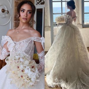 Vestido de novia boho para la novia Off Shoulder Fulllace Wedding Vestidos Ilusión Batio Bande de Mariage Lace Full Bow Gownal Gowns