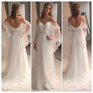 Boho Robes De Mariée Robe De Mariée Bretelles Spaghetti Avec Wrap Dentelle Applique Cristaux Balayage Train Une Ligne Sur Mesure Plus Taille Robe De Novia