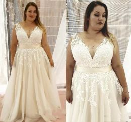 Boho Wedding Dresses Bridal Gowns Lace Applique V Neck Ribbon Sweep Train Sleeveless Custom Made Garden Plus Size 2022 Simple vestido de novia