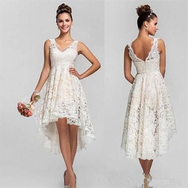 Vestidos de novia bohemios, vestidos de novia de encaje alto y bajo con cuello en V, vestidos de novia de talla grande imperio, vestidos cortos para invitados de boda 2185