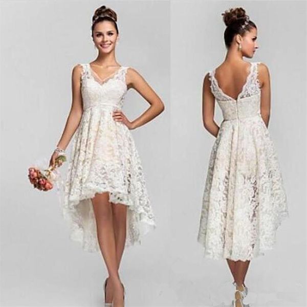 Vestidos de novia bohemios Vestidos de novia de encaje alto y bajo Imperio con cuello en V Vestidos de novia de talla grande Vestidos cortos para invitados de boda 311p