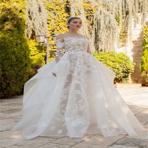 Robes de mariée Boho avec train détachable Bateau manches longues Appliqued dentelle plage robes de mariée sur mesure Abiti Da SposaAbiti Da Sposa