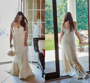 Boho Bruiloft Prachtige Jurken Bruidsjurk Kant Appliqué Illusie Gelaagd Chiffon V-hals Mouwloos Op maat gemaakt Strand Grote maten Vestido De Novia estido