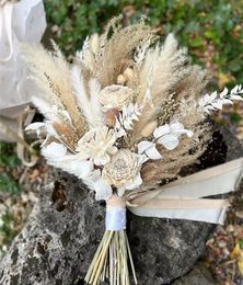 Boho Wedding Holding Bouquets for Bridepreserved Rose Flowers Pampas Grass Bridesmaid Bouquet Party Home Decor Corsage Supply 240325