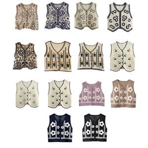 Boho Women Crochet Breat Vest Waistcoat Floral Patroon Mouwloze V-Neck Cardigan M6CD 220719