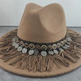 Boho Women Wide Brim Wool Fedora Panama Hat met riem gesp herkjazz Trilby Cap Party Formal Top in Brown 240410