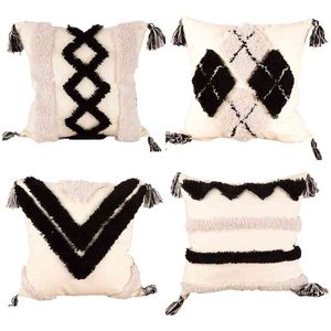 Boho geweven getuft zwart wit Sierkussens Morocan Textured Plaid gestreept geometrisch patroon decoratief vierkant kussen 85dB