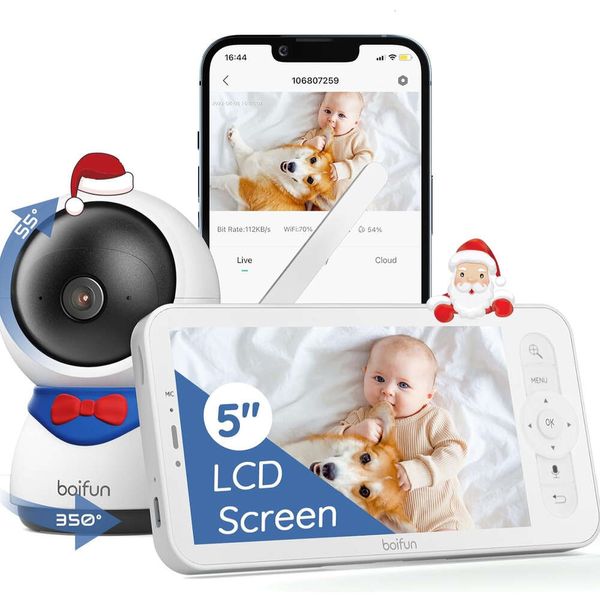 Moniteur de bébé Boifun 5 avec appareil photo wifi 1080p, vision nocturne, conversation à deux voies, détection de mouvement, lecture d'enregistrement, berceuses, contrôle gratuit de l'application de téléphone - fonctionne avec l'écran et l'application