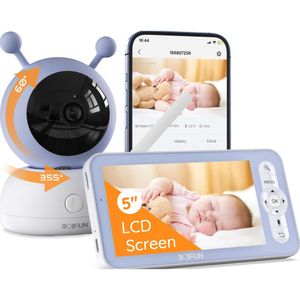 Boifun 5 Baby Monitor met 1080p wifi, scherm- en app-besturing, videorecord afspelen, temperatuurvochtigheidssensor, nachtzicht, 2-weg audio, beweging en geluidsdetectie