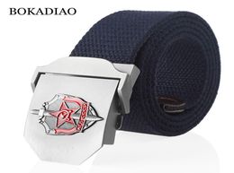 Bokadiao masculino feminino cinto de lona 3d agente secreto soviético kgb fivela de metal cccp cinto tático militar do exército para homens jeans cintura 1434308