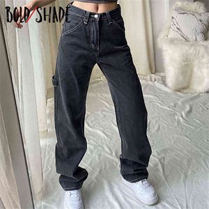 Bold Shade Streetwear Fashion Grunge Jeans High Taille Straight Boier vriend broek Solid Teen Style Vrouwen losse jeans herfst winter y220311