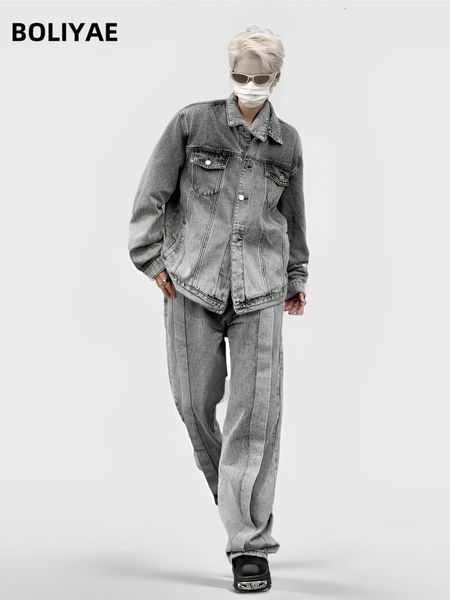 Boliyae Américain Rétro Gris Denim Veste et Pantalon Ensembles Hommes Épissage Conception Manteau Jeans Y2K Mode Lavé Cowboy Costume Automne 240131