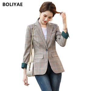 Boliyae Moda Negocios A cuadros Trajes Mujer Oficina Damas Manga larga Primavera y otoño Casual Blazer Za Temperament Jacket 211019