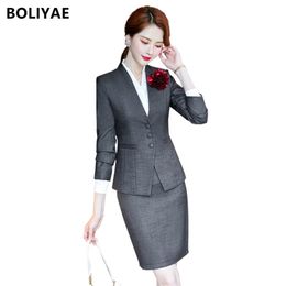 Boliyae Professionele rok Past Spring Herfst Lange Mouw Blazers voor Dames Elegant Office Business Formele jas en broek Set 220302