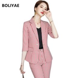 Boliyae pak vrouwen blazer set lente zomer mode plaid kantoor kleding half mouw tops en broek voor vrouwelijke werkkleding S-5XL 211007