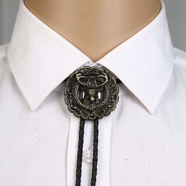 Bolo Ties 3D cobre cabeza de ciervo bolo corbata para hombre vaquero indio vaquera occidental cuerda de cuero aleación de zinc corbata HKD230719