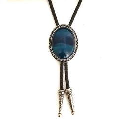 Bolo Ties Blue Tigers Eye Vintage Bolo Tie voor Mannen Vrouwen Lederen Koord Hanger Ketting Western Cowboy Mode Accessoires Huwelijksgeschenken HKD230719