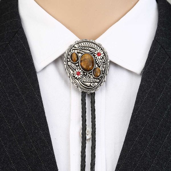 Bolo Ties Mode européenne et américaine collier cravate bolo agate naturelle accessoires de feuilles de roche costume pour hommes bon contre partenaire cuir coll HKD230719