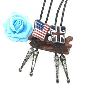 Bolo Ties Fashion Western cowboy Bolo Tie Britse vlag Amerikaanse vlag Metalen gesp Zwart Lederen Stropdas heren Ketting Sieraden 230719