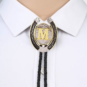 Bolo Ties Gold Letter ABCDEFG-Z U shape bolo tie for man Indian cowboy western cowgirl leather rope zinc alloy necktie 230215