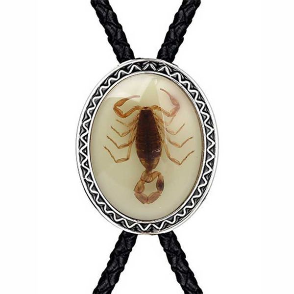 Bolo Ties Naturel stone Scorpion cravatta bolo per uomo Cowboy indiano western cowgirl corda in pelle cravatta in lega di zinco HKD230719