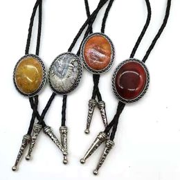 Bolo Ties Oval ágata piedra natural BOLO tie accesorios de boda de alta gama para hombres Cuerda de cuero 230719